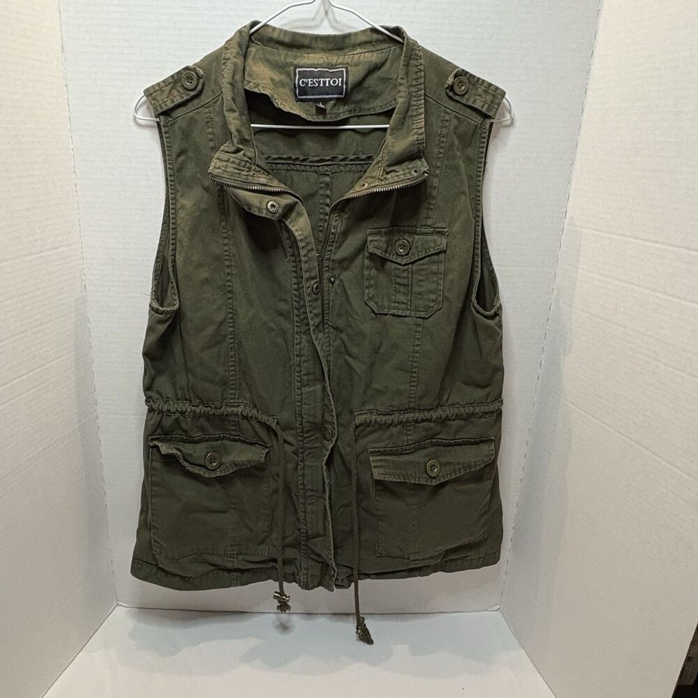 C’esttoi Women’s Vest Green Size Large 100% Cotton Full Zip Pockets